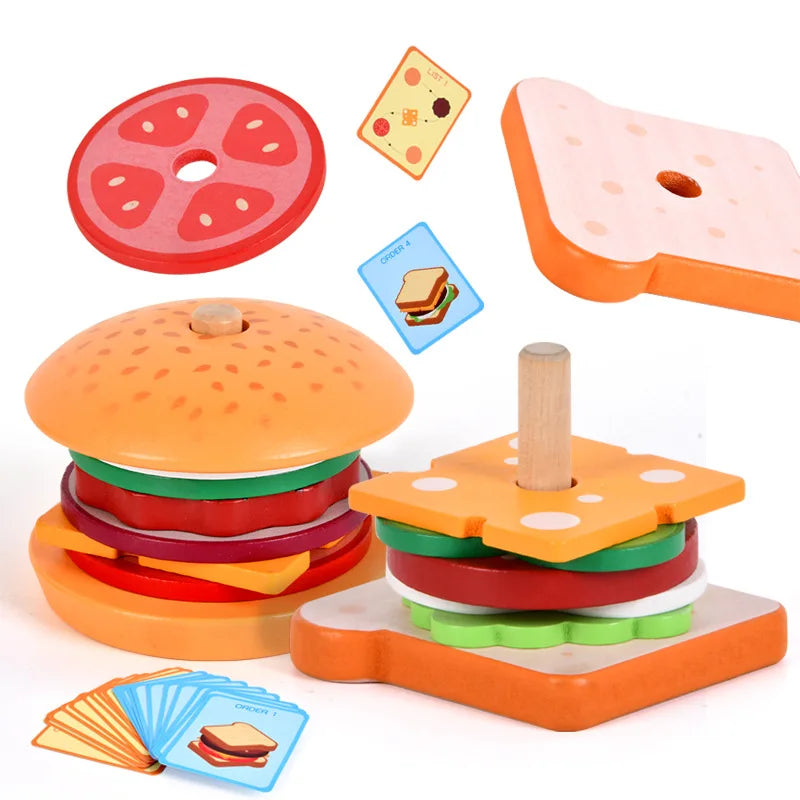 Wooden Hamburg Sandwich Stacking Toys for Toddlers and Kids Montessori Preschool Educational Toys Fine Motor Skill Kitchen Toy