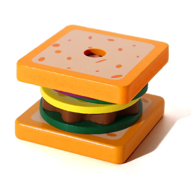 Wooden Hamburg Sandwich Stacking Toys for Toddlers and Kids Montessori Preschool Educational Toys Fine Motor Skill Kitchen Toy