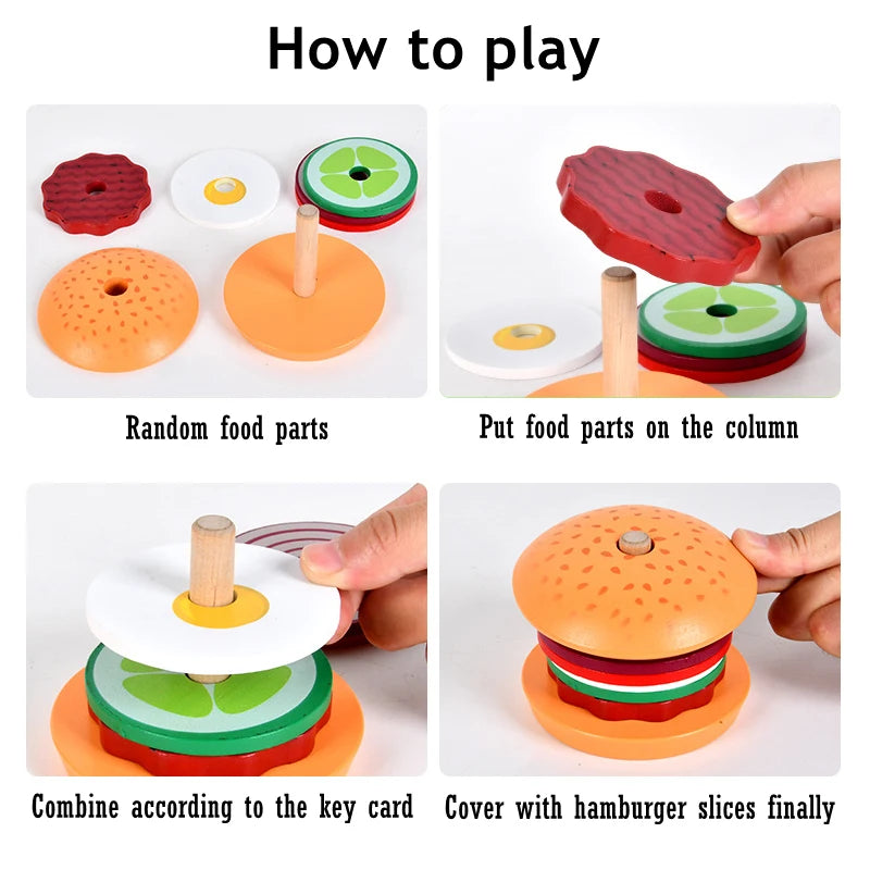 Wooden Hamburg Sandwich Stacking Toys for Toddlers and Kids Montessori Preschool Educational Toys Fine Motor Skill Kitchen Toy