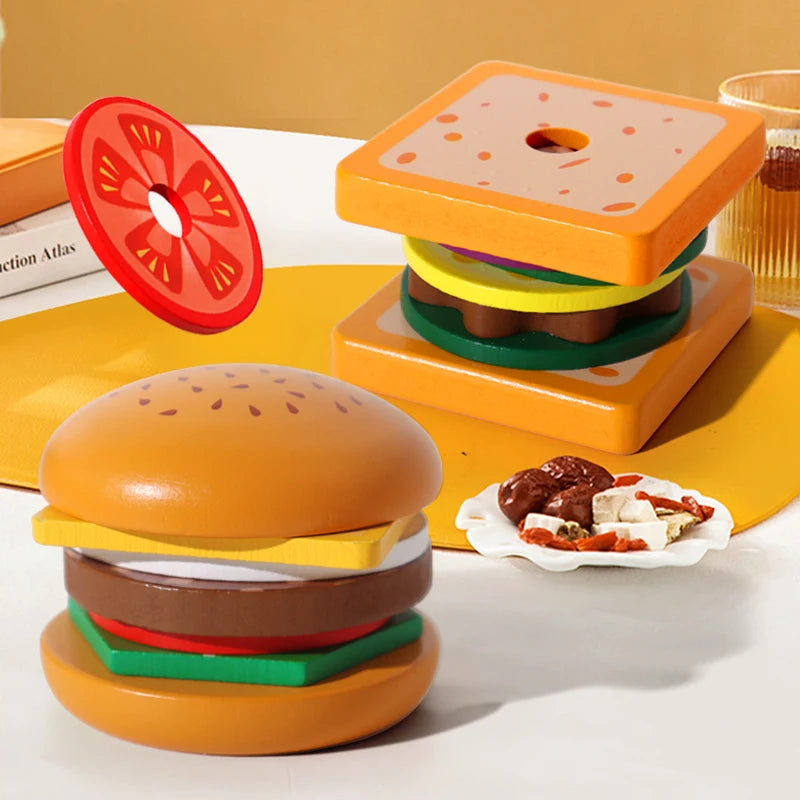 Wooden Hamburg Sandwich Stacking Toys for Toddlers and Kids Montessori Preschool Educational Toys Fine Motor Skill Kitchen Toy