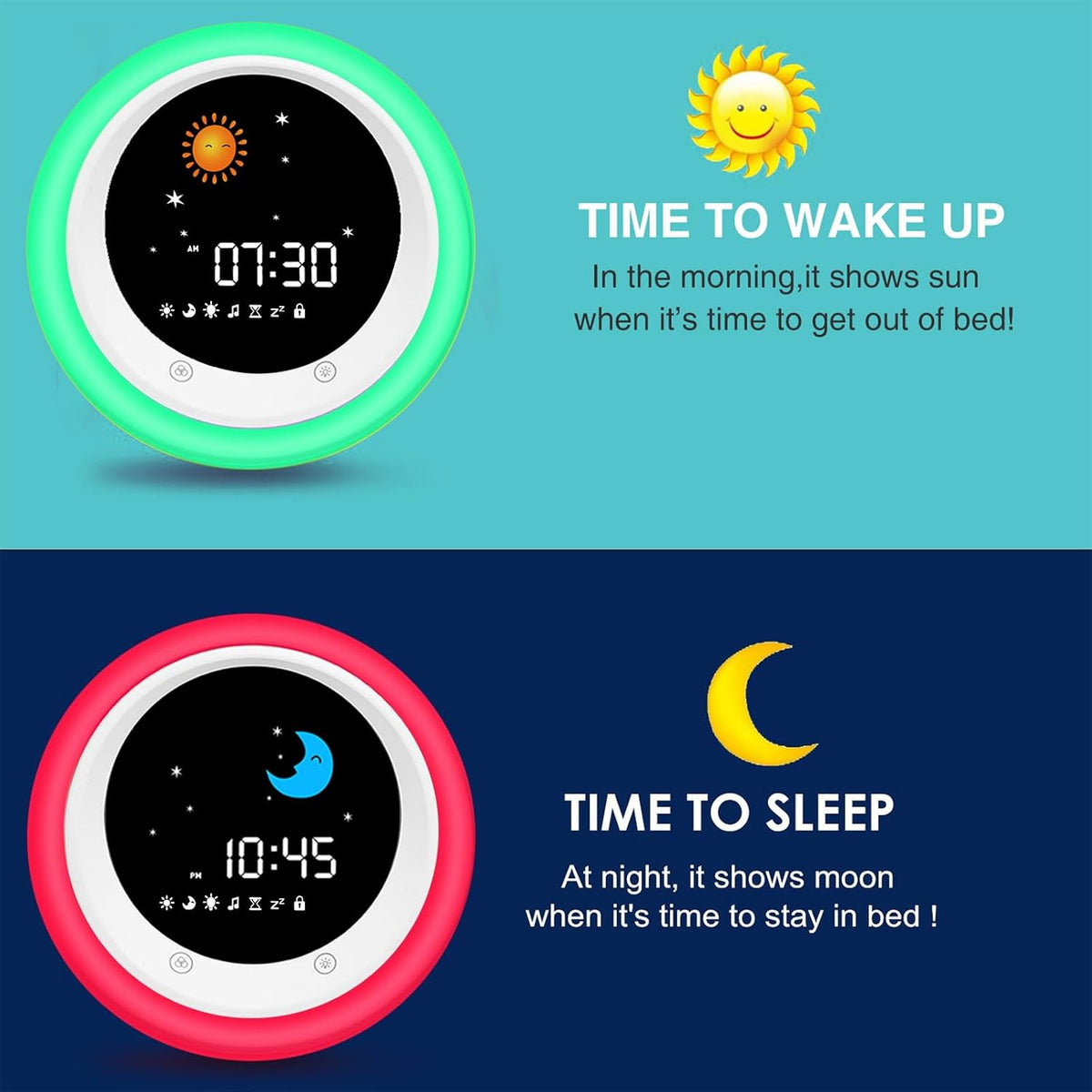 Kids Sleep Trainer Clock - Sun & Moon Wake up Light & Night Light