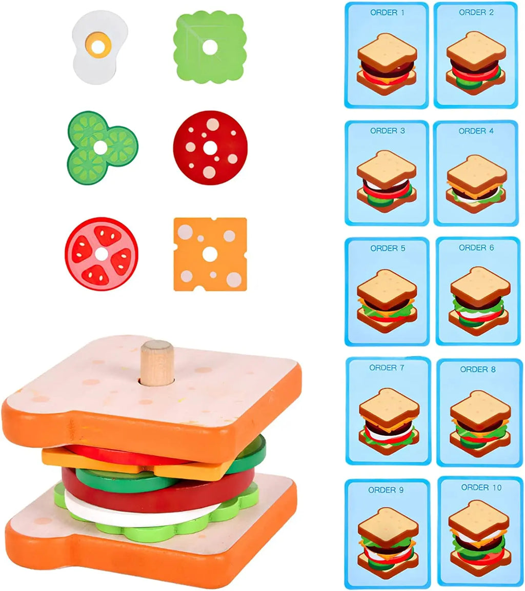 Wooden Hamburg Sandwich Stacking Toys for Toddlers and Kids Montessori Preschool Educational Toys Fine Motor Skill Kitchen Toy